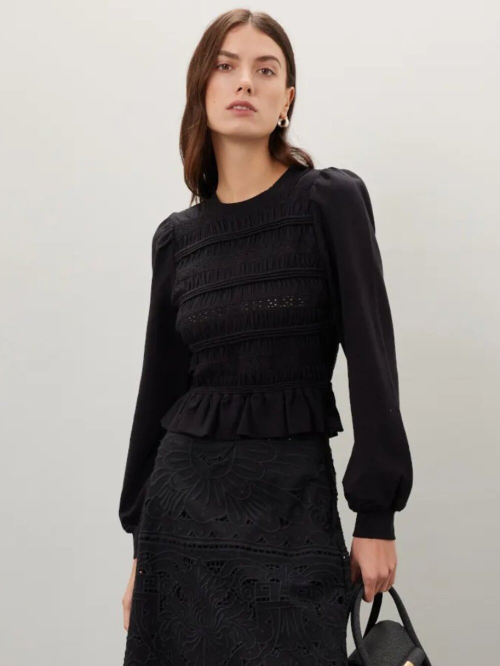 Sea New York Rita Smocked Eyelet Peplum Sweatshirt Top Black XXS